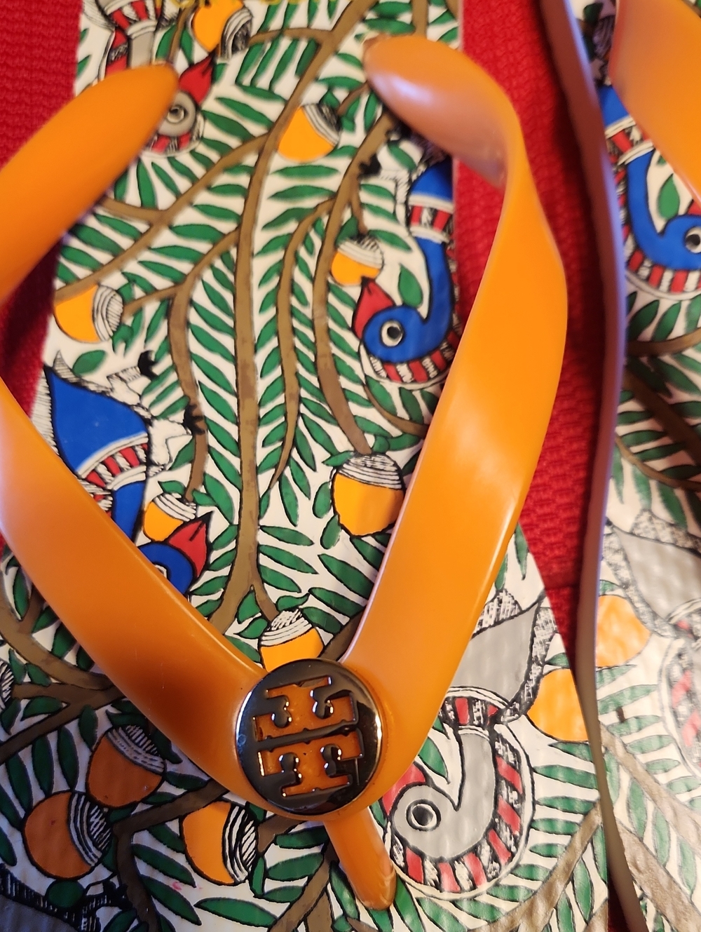 Tory Burch Orange Strap Flip Flop Sandals with Tropical Print - Picture 9 of 11